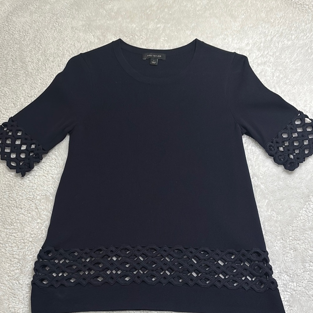 EUC Ann Taylor Navy Embellished Crew Neck Sweater